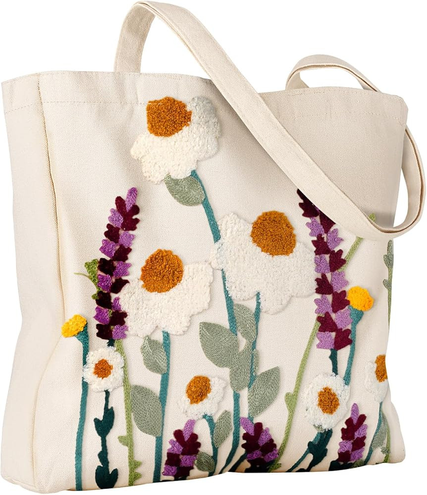 Aesthetic Embroidery Tote Bag for Women - Reusable Canvas Cute Shoulder Bag for Shopping, Grocery... | Amazon (US)