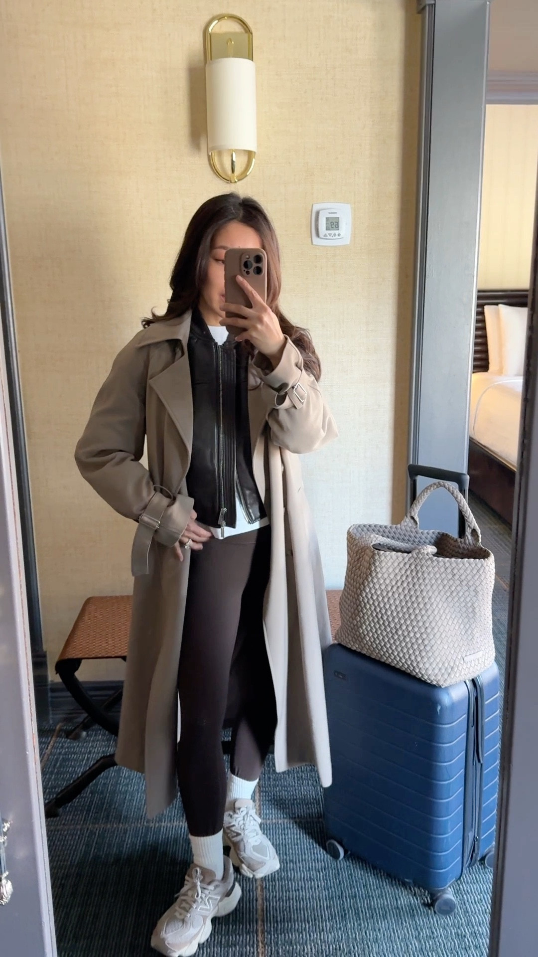 Similar  jackets also linked for less! And one in genuine leather 

• Varley high waist leggings xs - I sized up. Soft material, low compression, a little long on me but I either fold the extra length underneath or tuck into socks ￼

• Madewell boxy oversized tee xxs bigger fit shorter length 

• Aritzia faux leather jacket 2XS this is a more structured fit jacket that I always feel chic in

• Oak + Fort trench coat xxs (use code JEANTRENCH for 15% off) runs big and long

• New Balance 9060 sneakers kids size 4, fits like a women’s 6

• Naghedi medium tote in cashmere

• Away the bigger flex carry-on suitcase

Petite friendly trench coat, comfy travel outfit, airport fit

#LTKTravel #LTKootd #LTKPetite