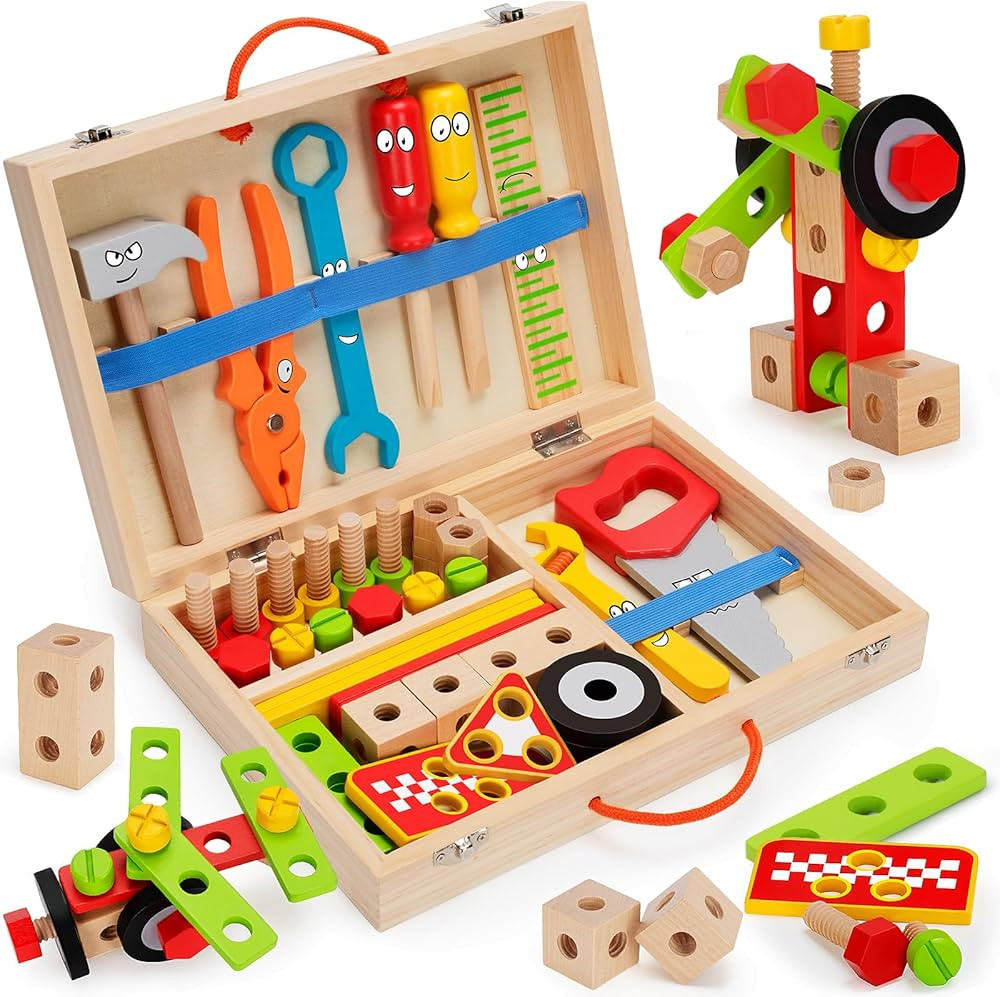 WEMEMORN Tool Kit for Kids, 43 pcs Wooden Toddler Tools Set Include Tool Box, Montessori Stem Lea... | Amazon (US)