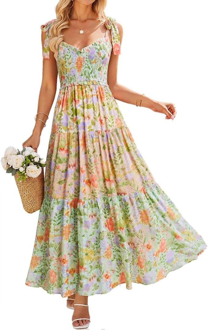 Women Floral Maxi Dress Tie Shoulder Smocked Patchwork Tiered A Line Flowy Y2K Boho Vacation Sund... | Amazon (US)