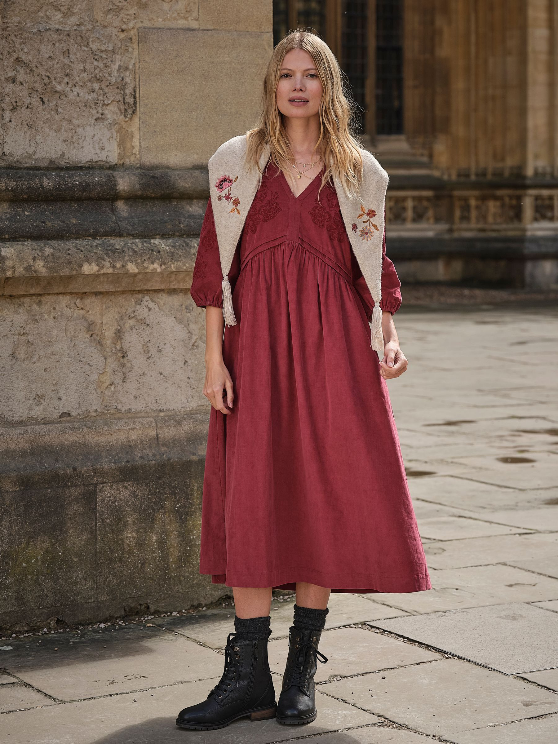 Connie Rust Red Embroidered Cord Midi Dress | Fat Face
