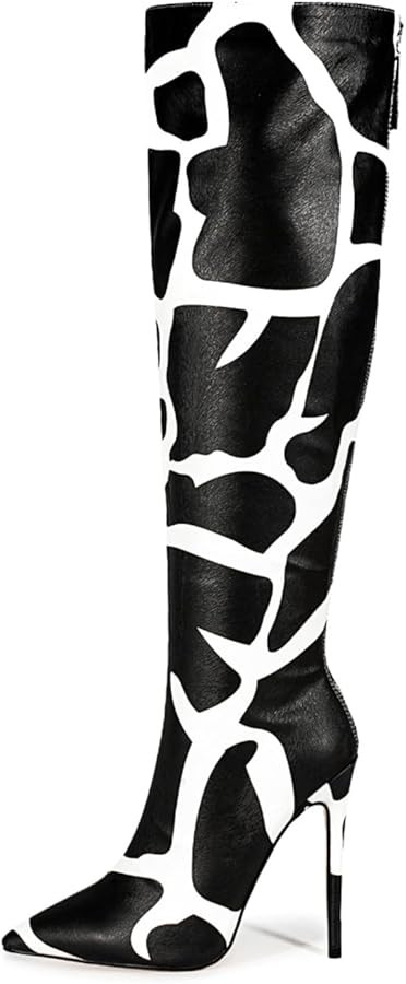 Zebra print black red burgundy purple knee high boots for women Orange High heeled Pointed toe Ba... | Amazon (US)