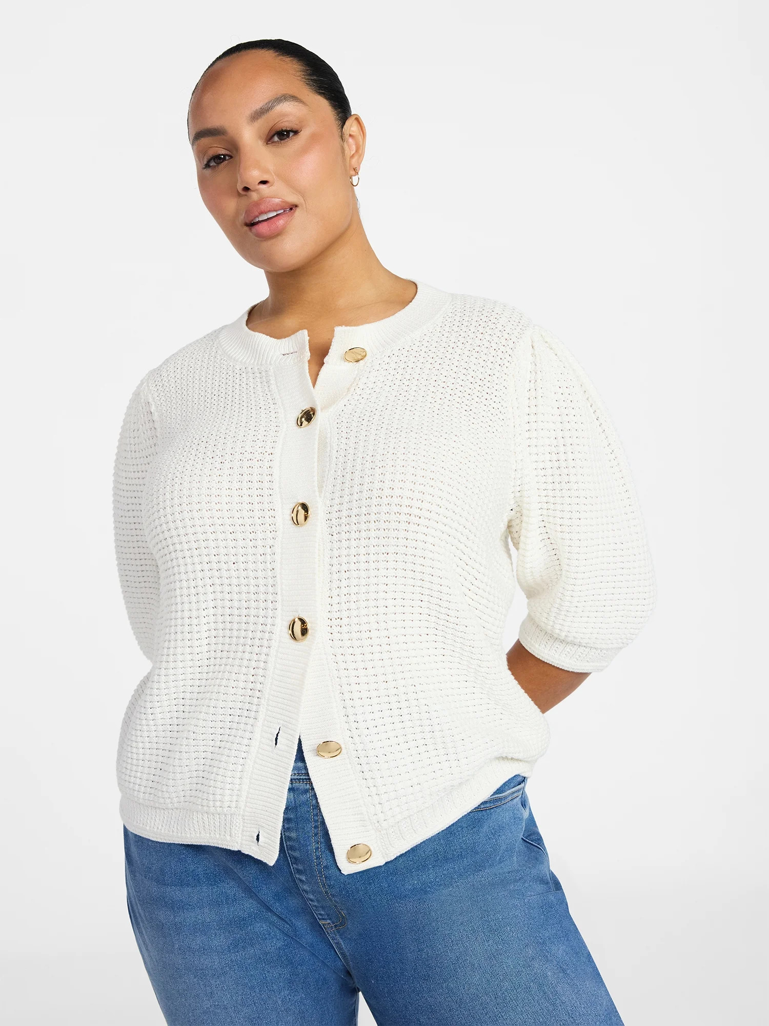 Terra & Sky Women's Plus Size Textured Crewneck Cardigan with Short Sleeves, Midweight, Size 0X-5... | Walmart (US)