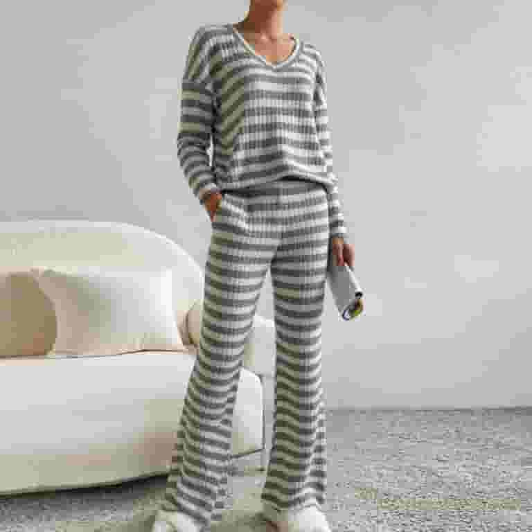 UAMVSH Womens Pajama Sets 2 Piece Outfits Color Block V Neck Long Sleeve Shirts Matching Wide Leg... | Walmart (US)
