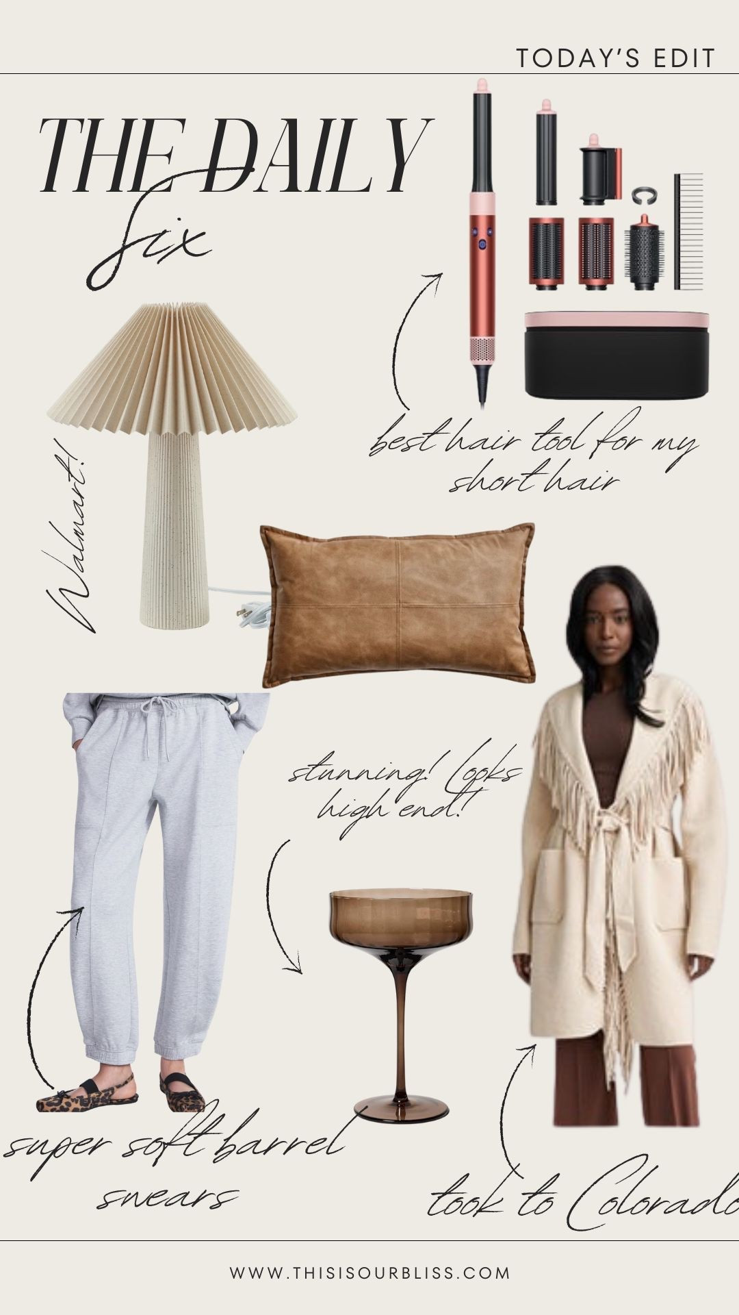 The daily 6️⃣! Today’s finds! 

- Dyson air wrap - hands down my favorite hair tool for my short hair
- prettiest lamp - Walmart!
- leather pillow for fall - so pretty a great price 
- barrel leg sweatpants - I have them in a size small! So soft and great for Travel! 
- Prettiest ribbed, coupe class - target find
- fringe wrap cardigan - I got the brown one in my nuuly box for the ranch and it is so good! 🤎

#LTKSaleAlert #LTKHome #LTKFindsUnder50
