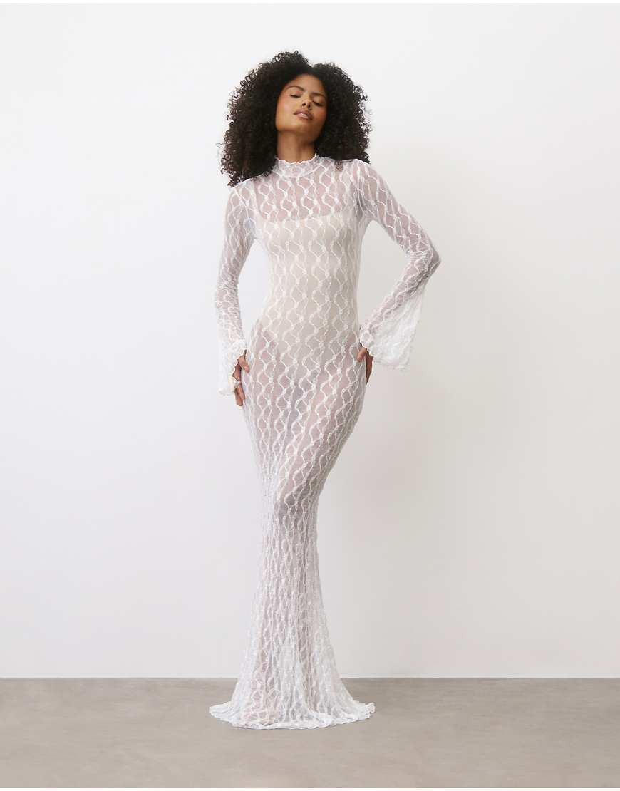 Six Stories sheer stretch lace flare sleeve maxi dress in white | ASOS (Global)