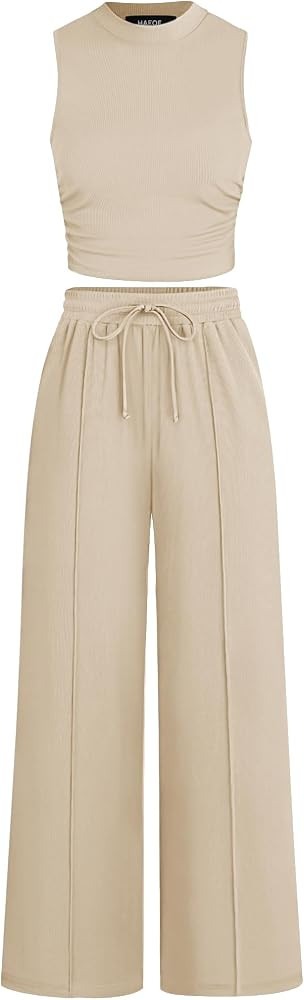 HAEOF Women's Summer 2 Piece Outfits Ribbed Knit Sleeveless Crop Tops Elastic High Waist Wide Leg... | Amazon (US)