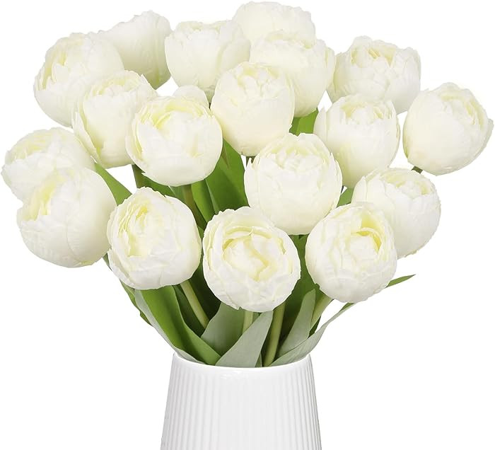2 paquetes de tulipanes artificiales, 18 ramos de tulipanes falsos de seda, flores blancas de imi... | Amazon (US)