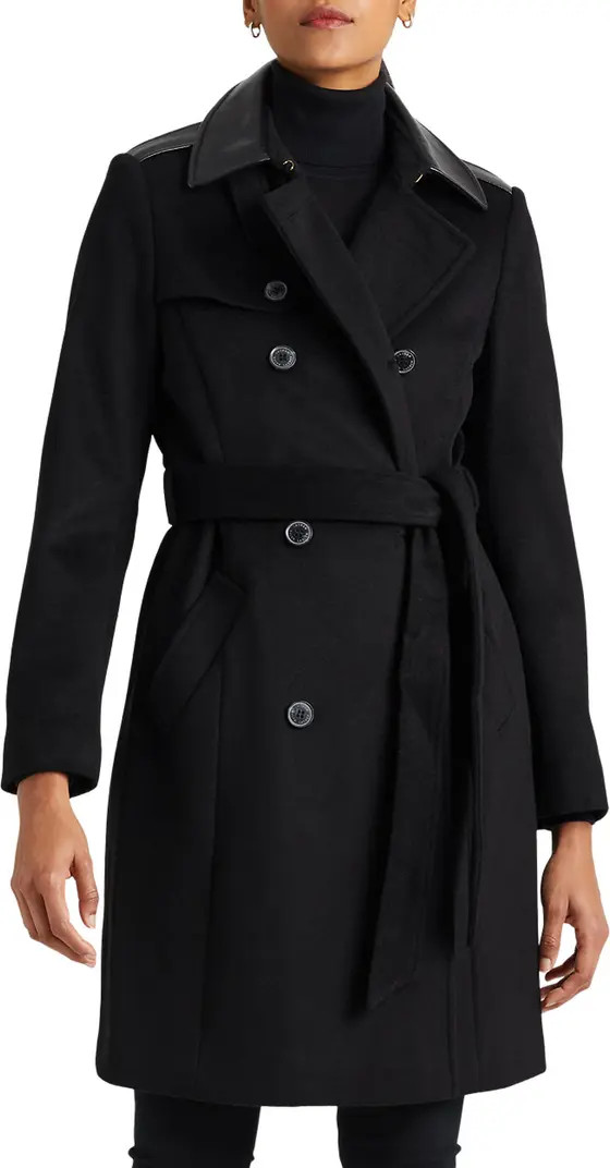 Tie Waist Faux Leather Trim Wool Blend Coat | Nordstrom