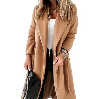 Womens Classic Coat Lapel Collar Open Front Belted Long Jacket | Amazon (US)