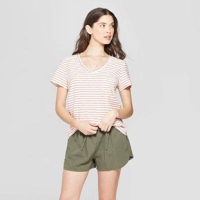 Women's Striped Short Sleeve V-Neck Monterey Pocket T-Shirt - Universal Thread™ Orange | Target