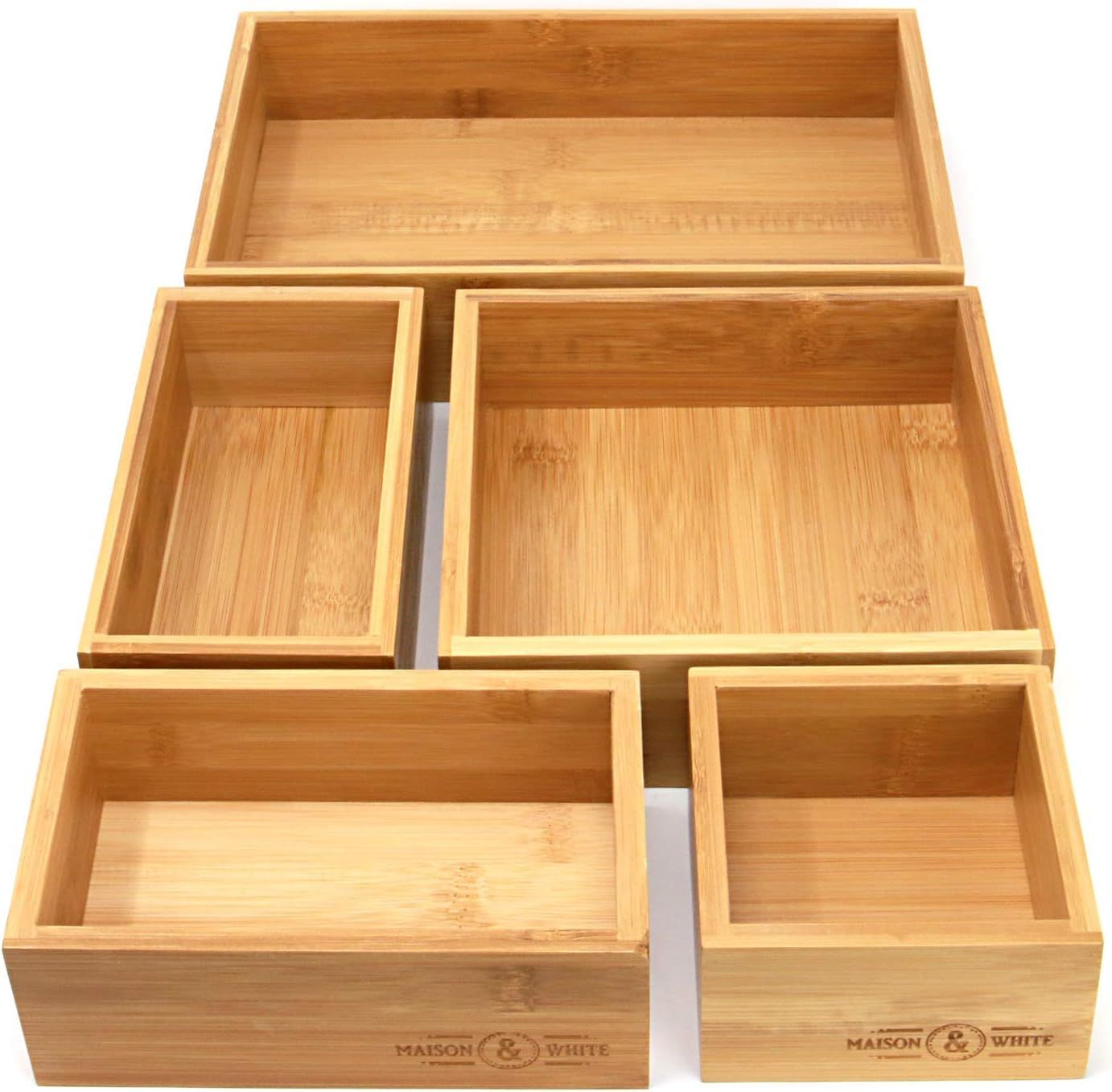 5-Piece Bamboo Drawer Organiser | Set of 5 Durable Wood Storage Boxes | Assorted Sizes | Versatil... | Amazon (UK)