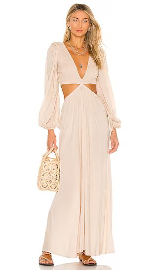 Julie Solid Ruched Bodice Cutaway Maxi Dress in Doe | Revolve Clothing (Global)