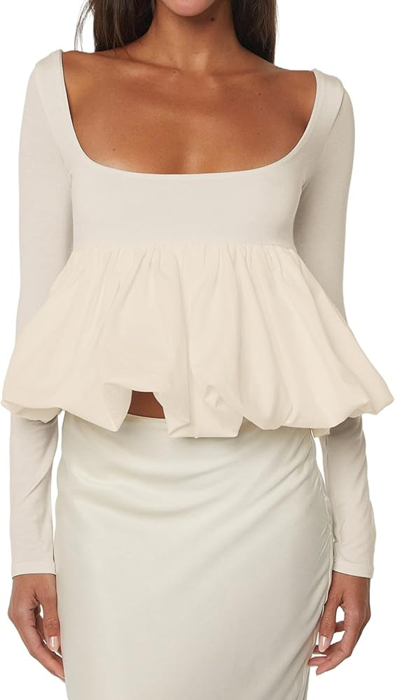 Women Long Sleeve Ruffle Hem Bubble Crop Top Blouse Scoop Neck Backless Slim Patchwork Peplum T S... | Amazon (US)