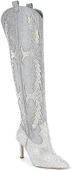 Women's Rhinestone Boots Western Mid Calf Pointed Toe Fashion Cowgirl Boots 5cm Chunky Stacked He... | Amazon (US)