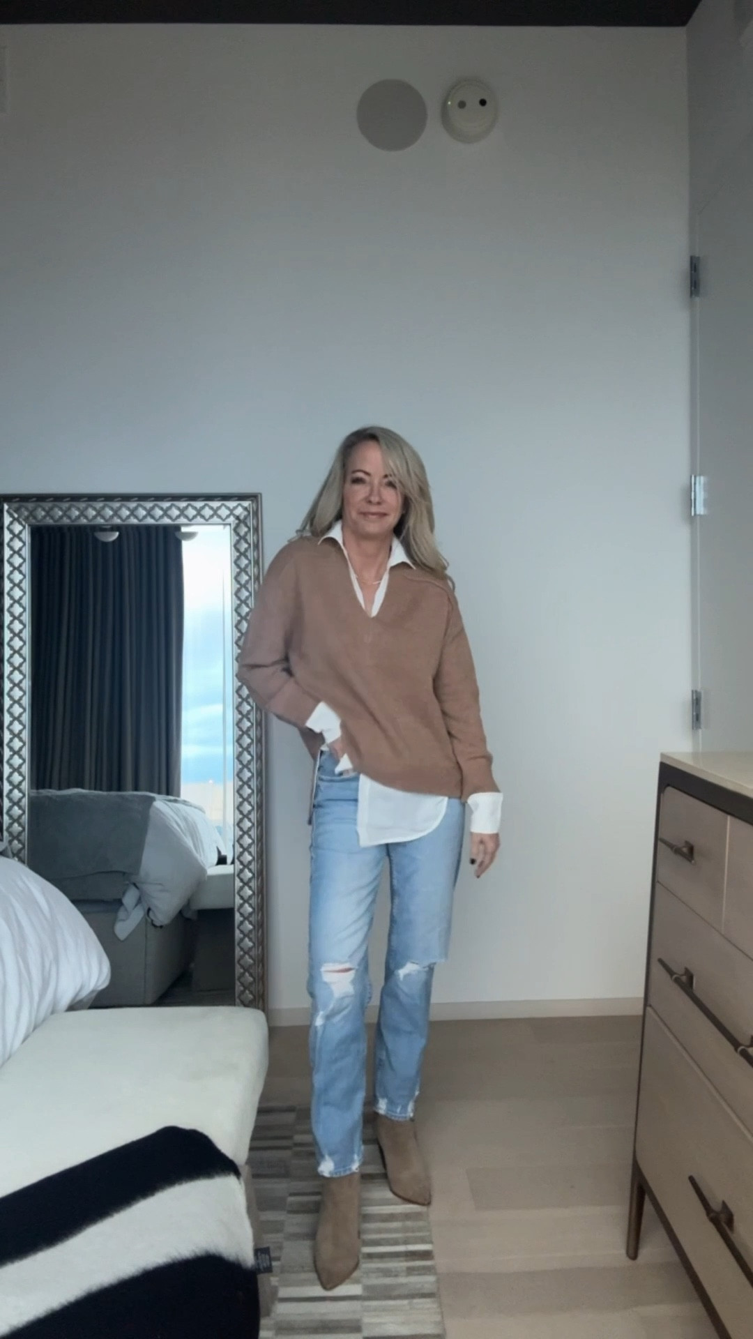 Cozy layered neutral moment 🤎
Linking this lightweight camel knit, my oversized white button-down, and the perfectly relaxed pair of denim. Easy, everyday pieces that work for real life.


#LTKdayinmylife #LTKSeasonal #LTKOver40