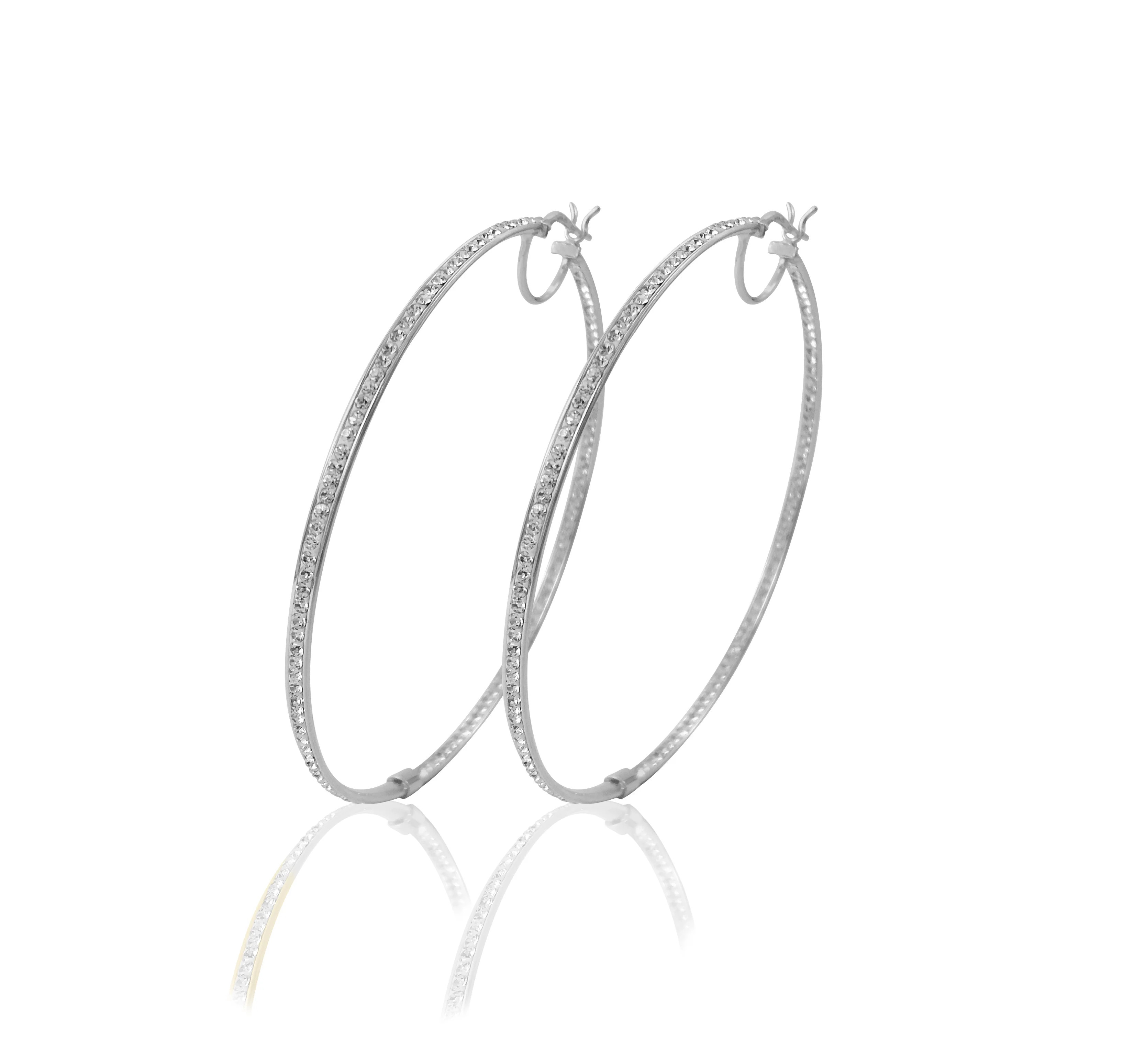 Brilliance Fine Jewelry Women's Rhodium Plated Sterling Silver In-Out Crystal Round Hoop Adults E... | Walmart (US)