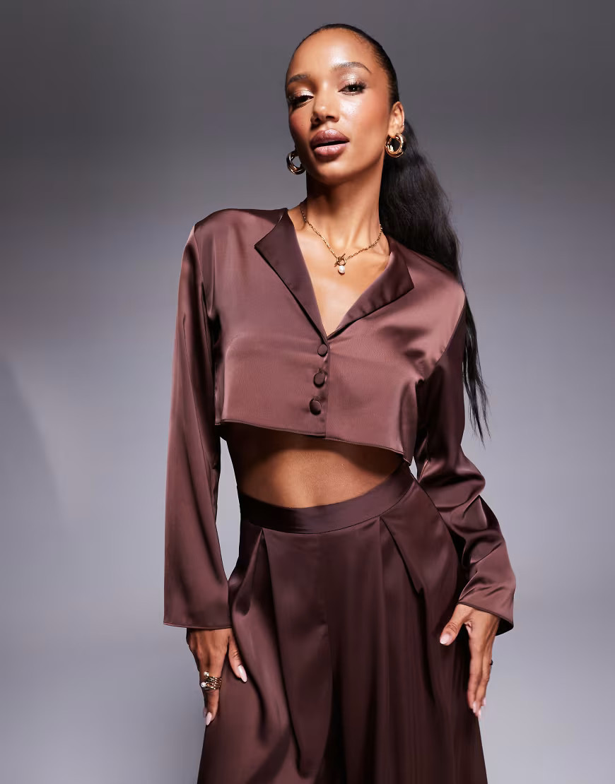 ASOS DESIGN cropped satin shirt in brown - part of a set | ASOS (Global)