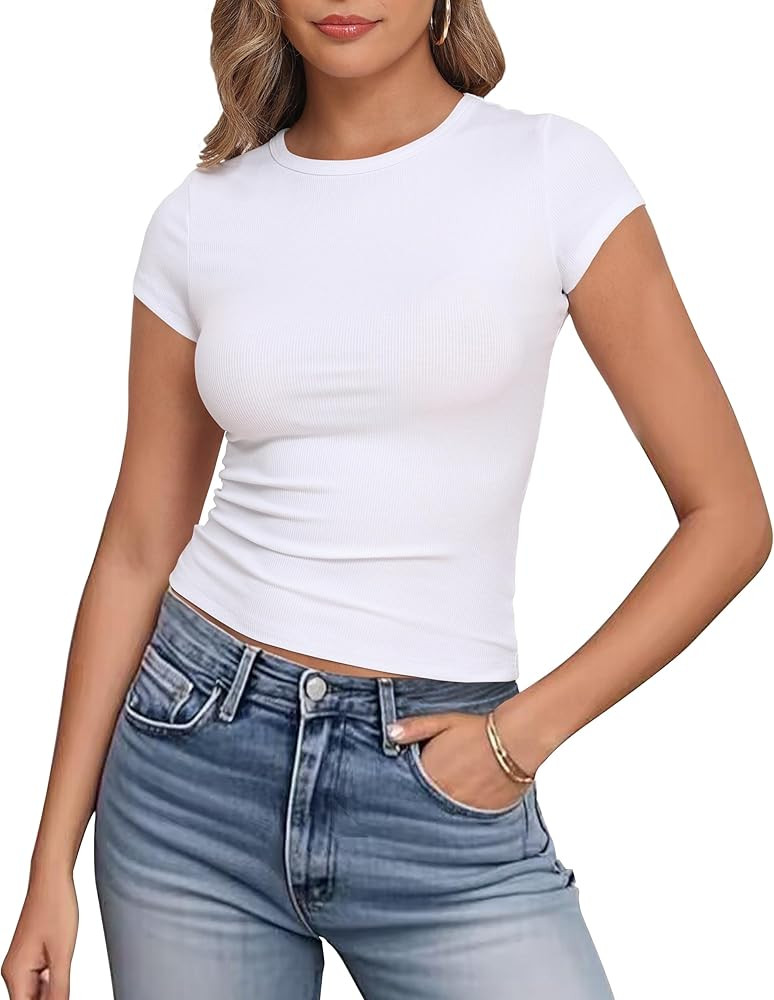 Artfish Women's Short Sleeve Shirts Crewneck Cropped Workout Slim Fitted Ribbed Casual Basic T-Sh... | Amazon (US)