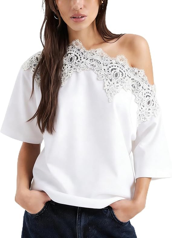 Lace Trim Off The Shoulder Top for Women Summer Relaxed Fit Boat Neck Short Sleeve T-Shirts Casua... | Amazon (US)