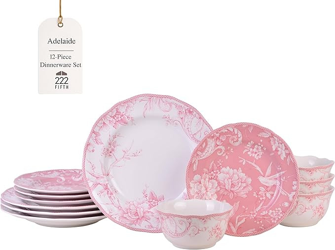 222 Fifth Adelaide Blush 12-Piece Pink Porcelain Dinnerware Set – Service for 4, Plate & Bowl S... | Amazon (US)