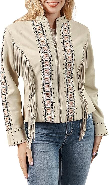 John Moon Women Casual Jacket Long Sleeve Washed Aztec Fringed Denim Jacket Western Shacket Jacke... | Amazon (US)