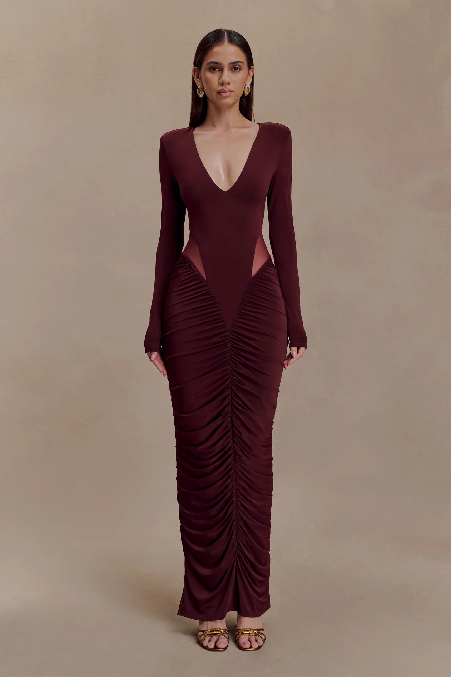 Louanne Slinky Long Sleeve Maxi Dress - Burgundy | MESHKI US