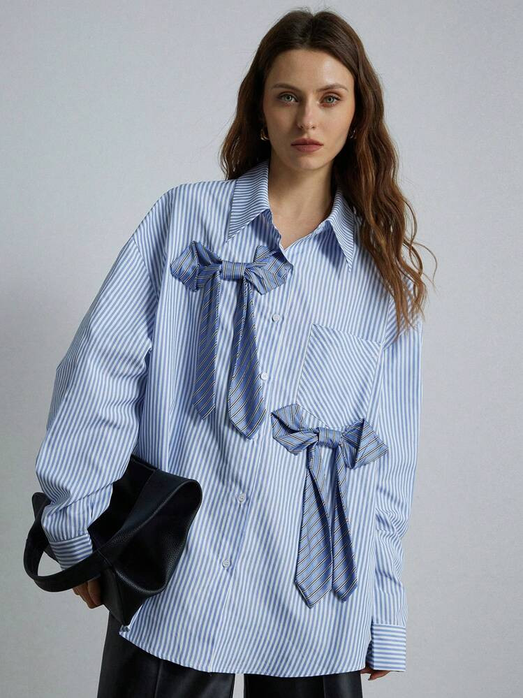 Aveloria Modichic Women's Oversized Boyfriend Style Striped Bow Decor Button Down Shirt | SHEIN