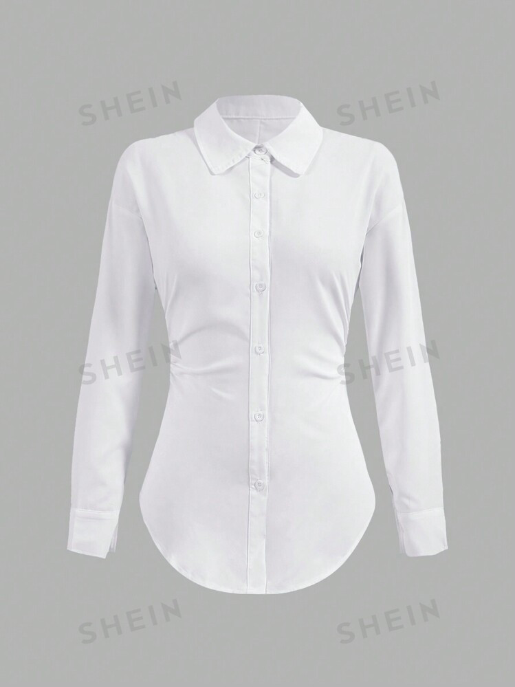 SHEIN MOOSTA Solid Color Ruched Waist Asymmetrical Hem Long Sleeve Shirt | SHEIN
