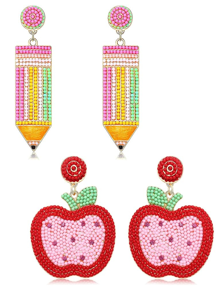 2/3Pairs Teacher Earrings for Women Beaded Pencil Dangle Earrings Statement Apple Book Drop Earri... | Amazon (US)