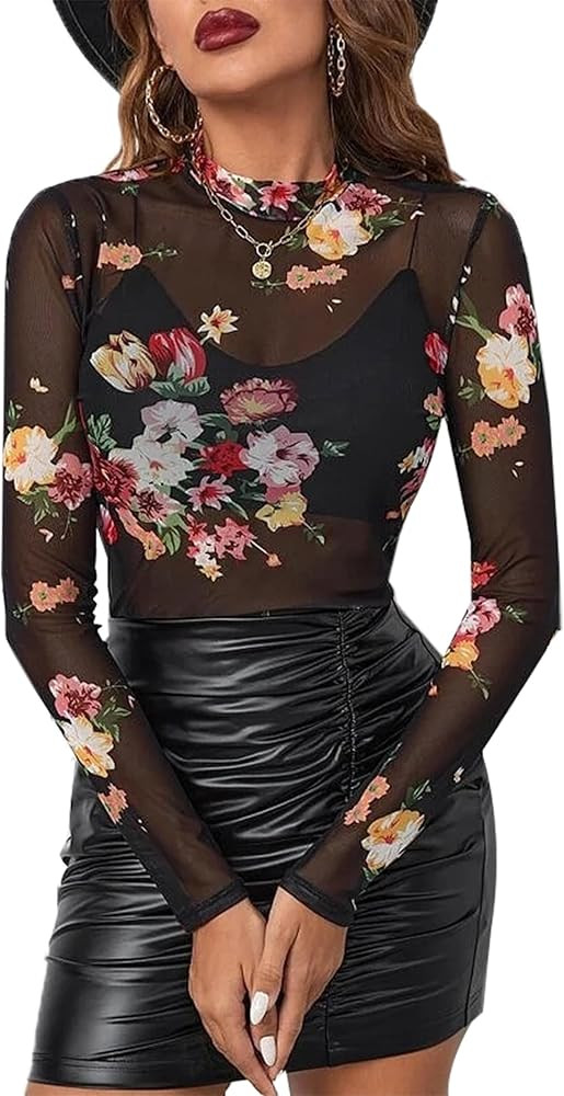 BemorRun Women Mesh Top Floral Mesh Long Sleeve Tops Mock Neck See Through Tops Fitted Sexy Going... | Amazon (US)