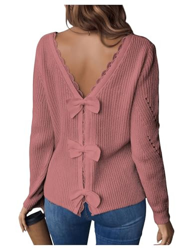 SOLY HUX Women's Sweaters Lace Bow Back Long Sleeve V Neck Pullover Casual Jumper Tops Dusty Pink Small | Amazon (US)
