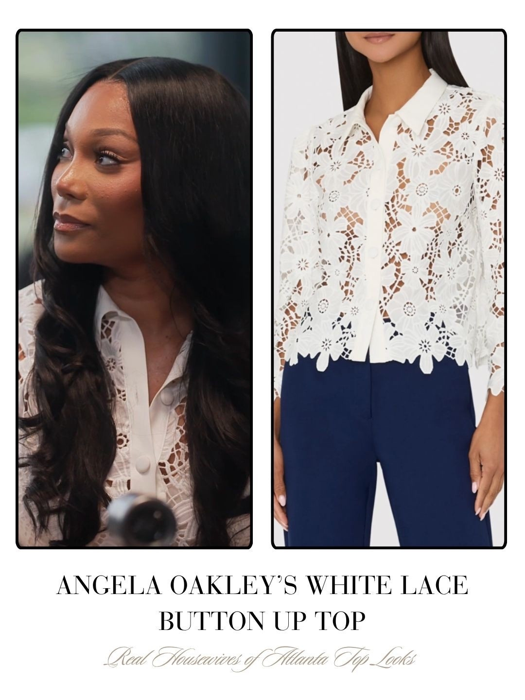 Angela Oakley’s White Lace Buttom Down Top