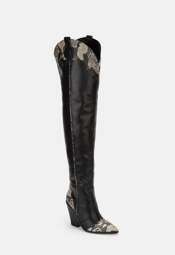 Black Snake Print Western Thigh High Boots | Missguided (US & CA)