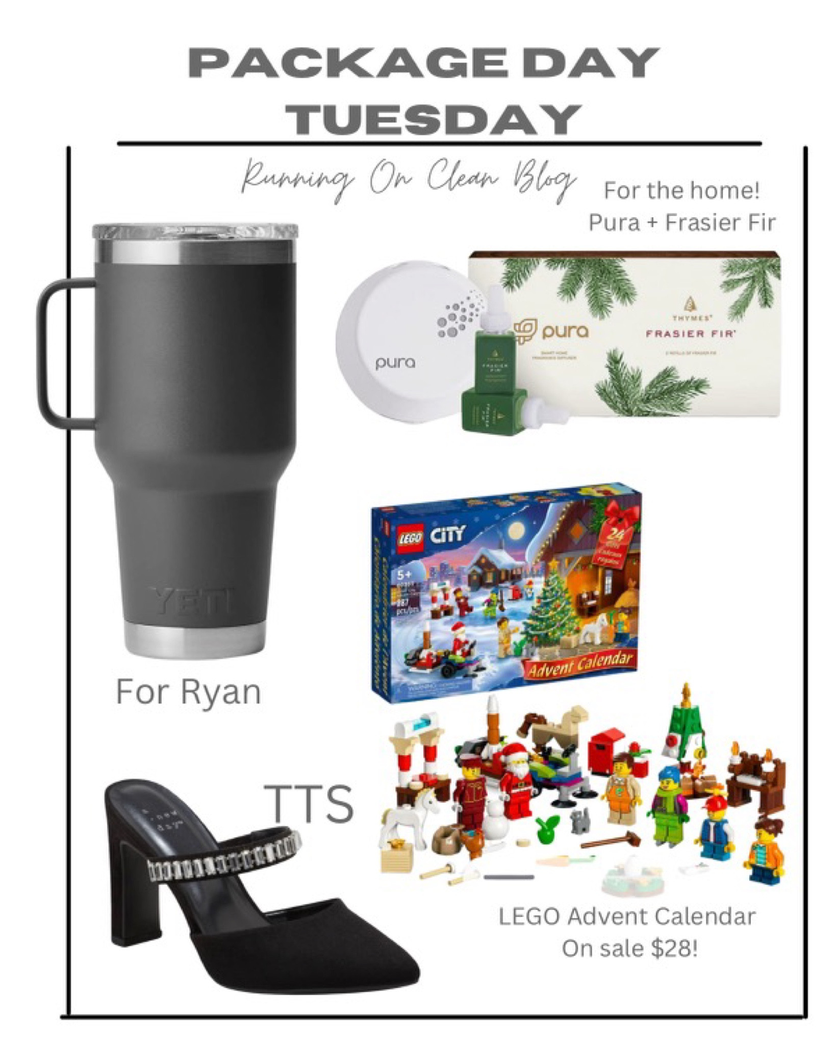 Package Day Tuesday! 

Yeti cup - gift idea 
Pura air freshener kit - home gift idea
Lego advent calendar - kids gift idea
Target heels - holiday look 

#LTKSeasonal #LTKunder50 #LTKHoliday
