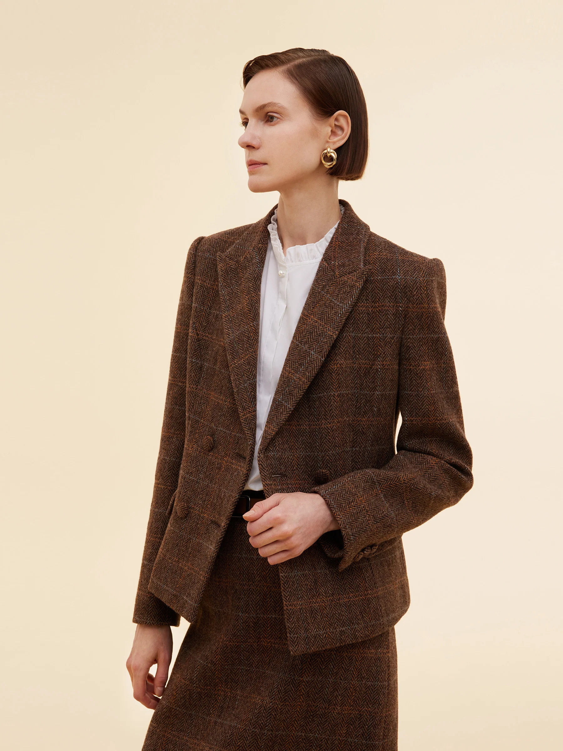 100% Wool Plaid Slim Fit Women Blazer - Brown Combo Check / L | GOELIA