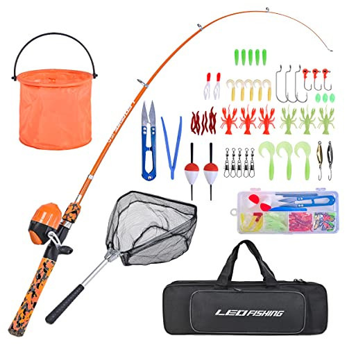 LEOFISHING Kids Fishing Pole Set with Full Starter Kits Portable Telescopic Fishing Rod and Spincast Reel with a Fishing Net and Bucket for Boys Girls and Youth (Orange) | Amazon (US)