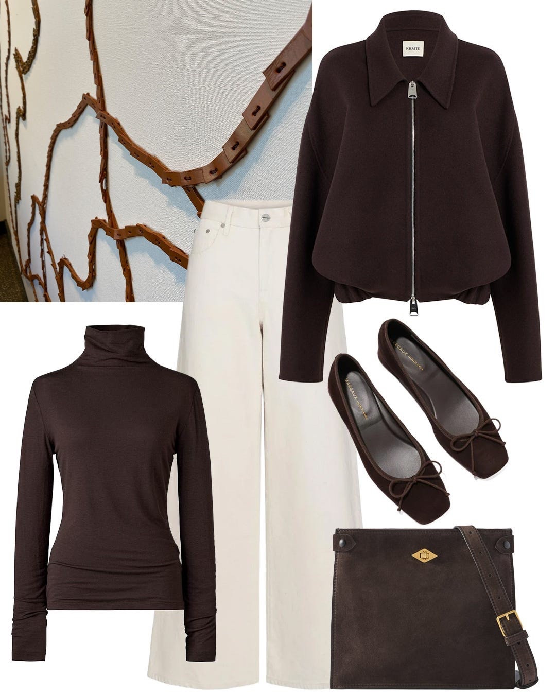 STICK TO ONE COLOR: Build a look around several pieces in a single color and pair with white. The contrast is clean and sophisticated. Jackets worn tonally with a matching top is a favorite formula that reads pulled together and elevated but really takes zero effort. The top, a Uniqlo cashmere blend HEATTECH turtleneck, serves as the perfect base layer under a wool bomber jacket. For jackets, there are lots of options in this category, but this collared blouson silhouette from Khaite is a standout. The tactile suede finish on the shoes and bag creates warmth next to a pair of TWP white denim. 

#LTKSeasonal #LTKOver40 #LTKSaleAlert