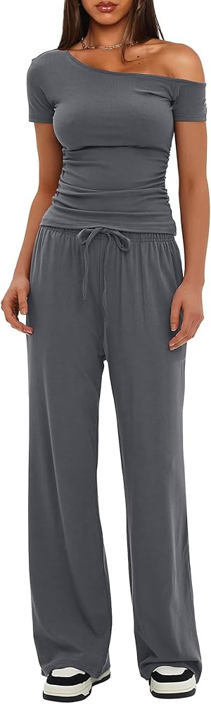 Darong Women's 2 Piece Outfits Lounge Sets Off Shoulder Short Sleeve Tops and High Waisted Wide L... | Amazon (US)