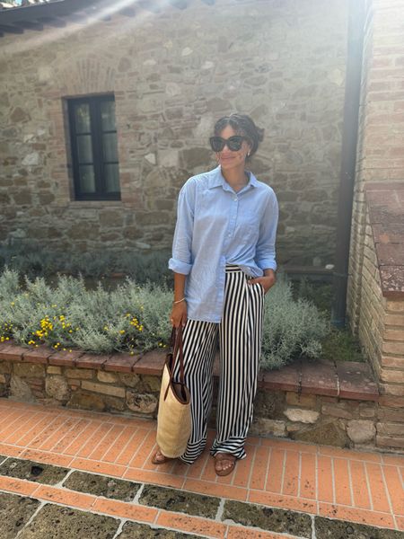 Casual chic outfit idea. You can’t go wrong with comfy chic striped pants and a linen button-down. Bottoms are old from River Island and the top is old from T.J.Maxx - linked those similar pieces!

#LTKStyleTip #LTKSeasonal #LTKTravel