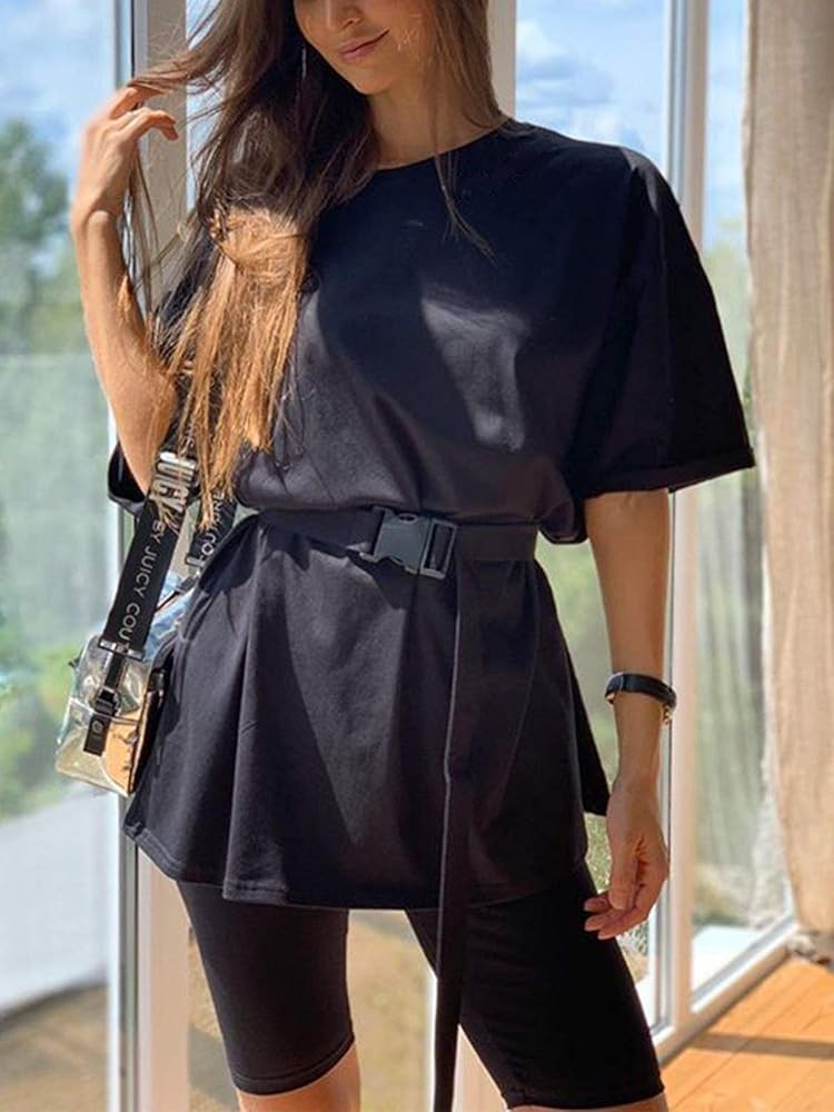 Women 2 Piece Outfit Sets Oversized T-Shirt Tops Biker Shorts Casual Workout Sports Tracksuit Set wi | Amazon (US)