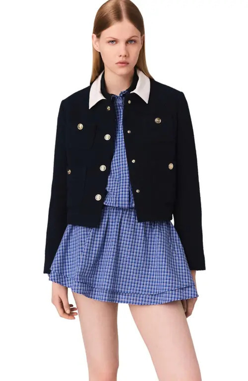 maje Cropped tweed jacket with removable collar in Navy at Nordstrom, Size 40 Eu | Nordstrom