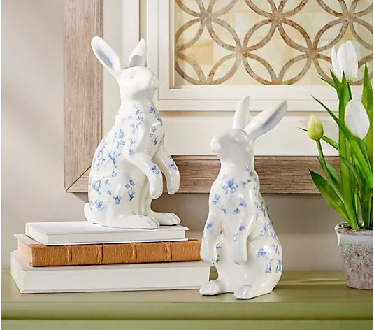 Set of 2 Toile Design Ceramic Bunnies by Valerie | QVC