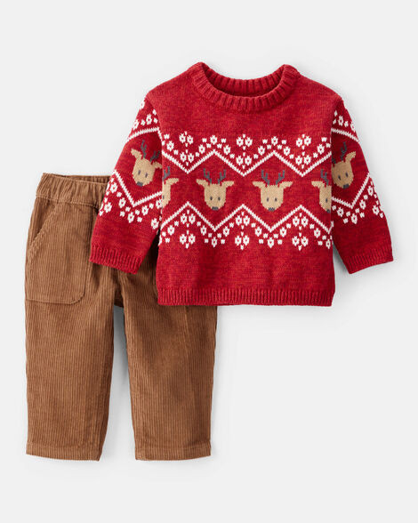 Baby Boy 2-Piece Fair Isle Long-Sleeve Tee & Pant Set - Red/Brown | Carter's Inc