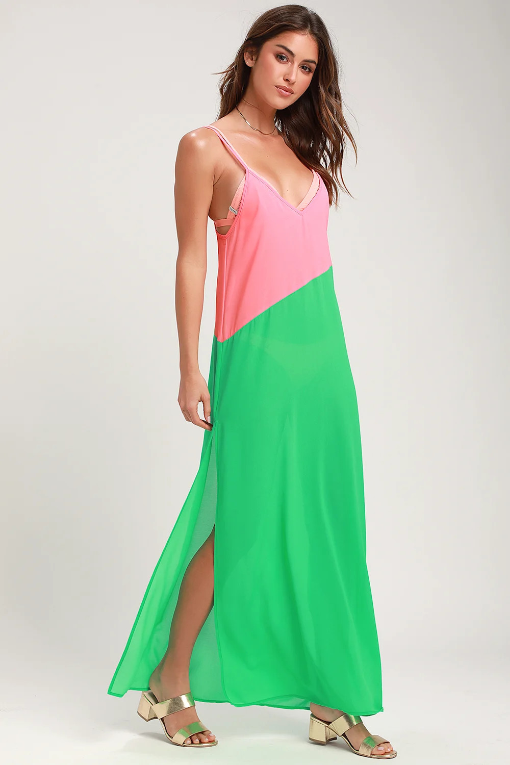 Seaside Retreat Coral Pink and Green Maxi Cover-Up | Lulus (US)