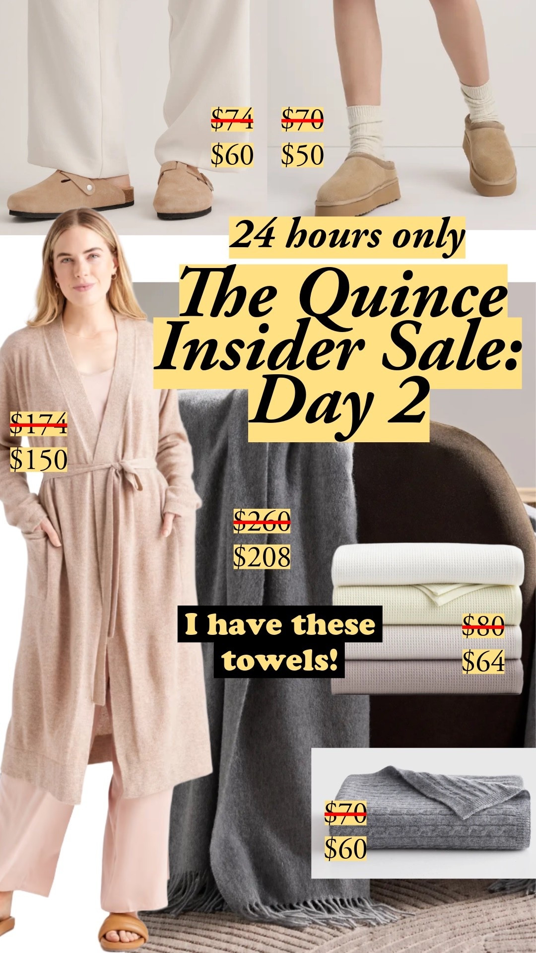 Cozy home favorites are on sale for 24 hours only — shearling slippers, cashmere robe, cashmere throw, and waffle terry towels. Discounts apply automatically at checkout | cozy essentials, shearling slippers, cashmere robe, cashmere throw, waffle towels, Quince sale, home favorites, loungewear, cozy season, self care


#LTKootd #LTKSaleAlert #LTKHome