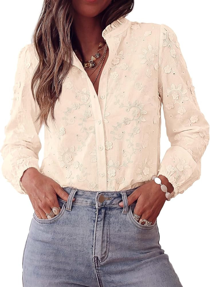 PRETTYGARDEN Women's Floral Embroidered Button Down Shirts | Amazon (US)