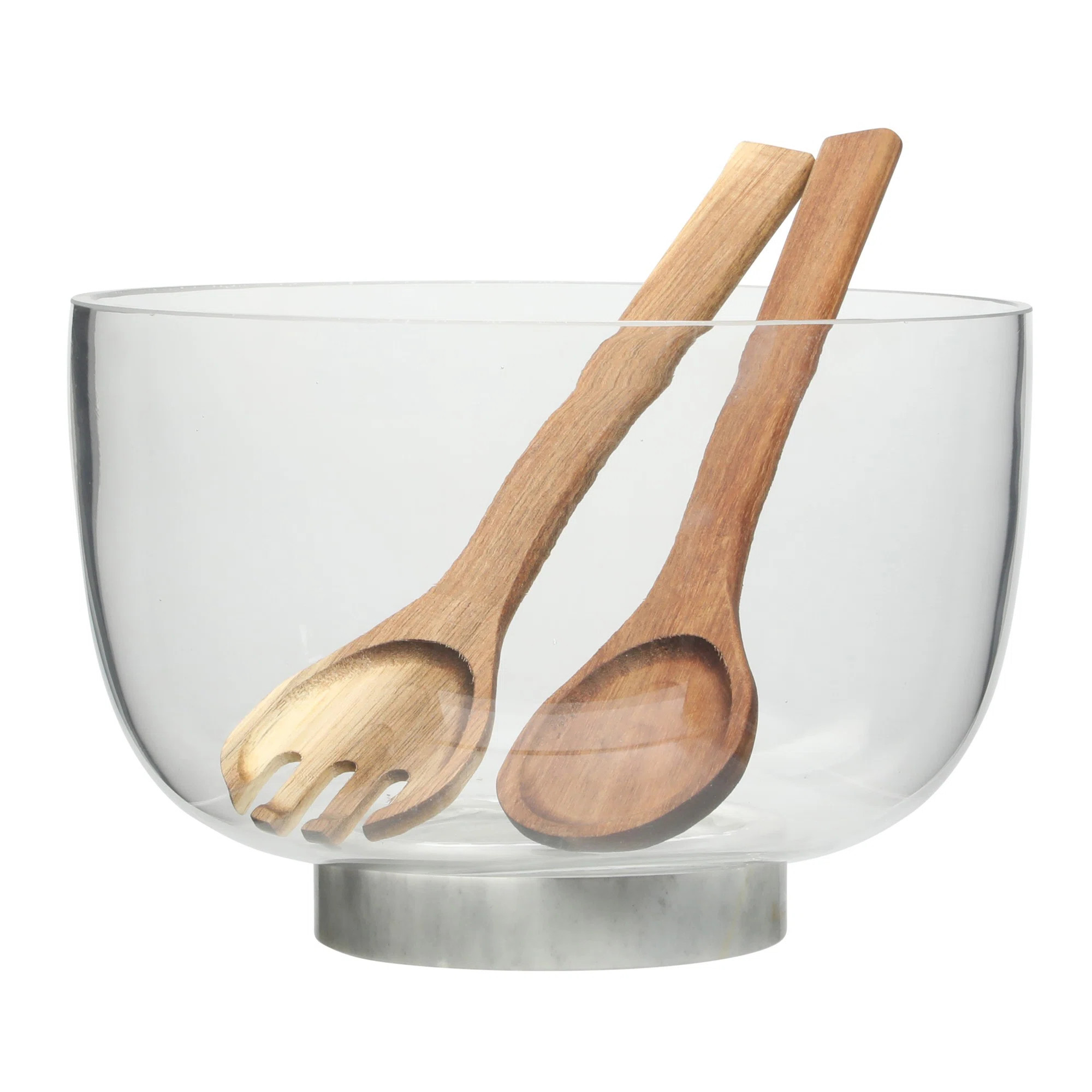 Gibson Elite Wildgreens Large Glass Salad Bowl Set with Acacia Wood Base and Acacia Serving Utens... | Wayfair North America