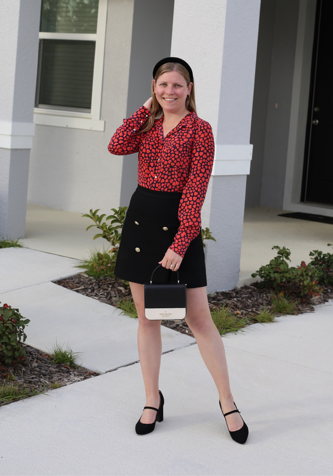 Valentine’s Day work outfit. Heart print blouse and black double breasted skirt. Blair Waldorf inspired  