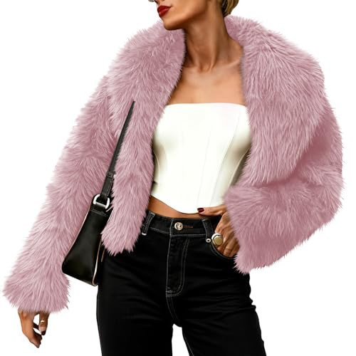 Tankaneo Womens Faux Fur Jacket Cropped Winter Fall Shaggy Coats Long Sleeve Fluffy Short Coat Fuzzy Outerwear | Amazon (US)